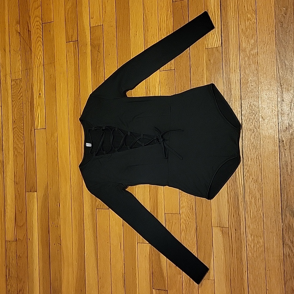 Black Lace Up Lycra Longsleeve Bodysuit S Small